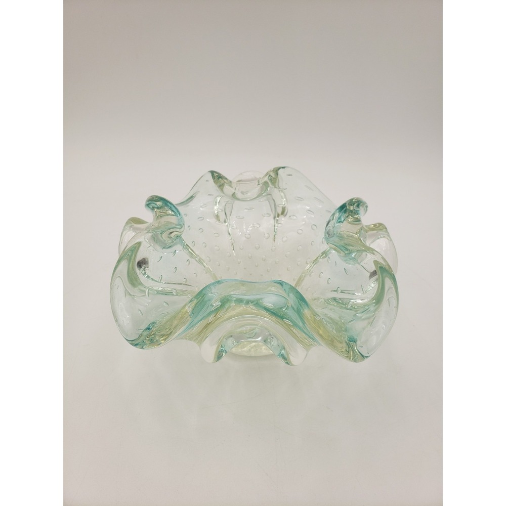 Vintage Murano Glass Bowl Ruffled Rim Bullicante Clear With Aqua Green Tint MCM